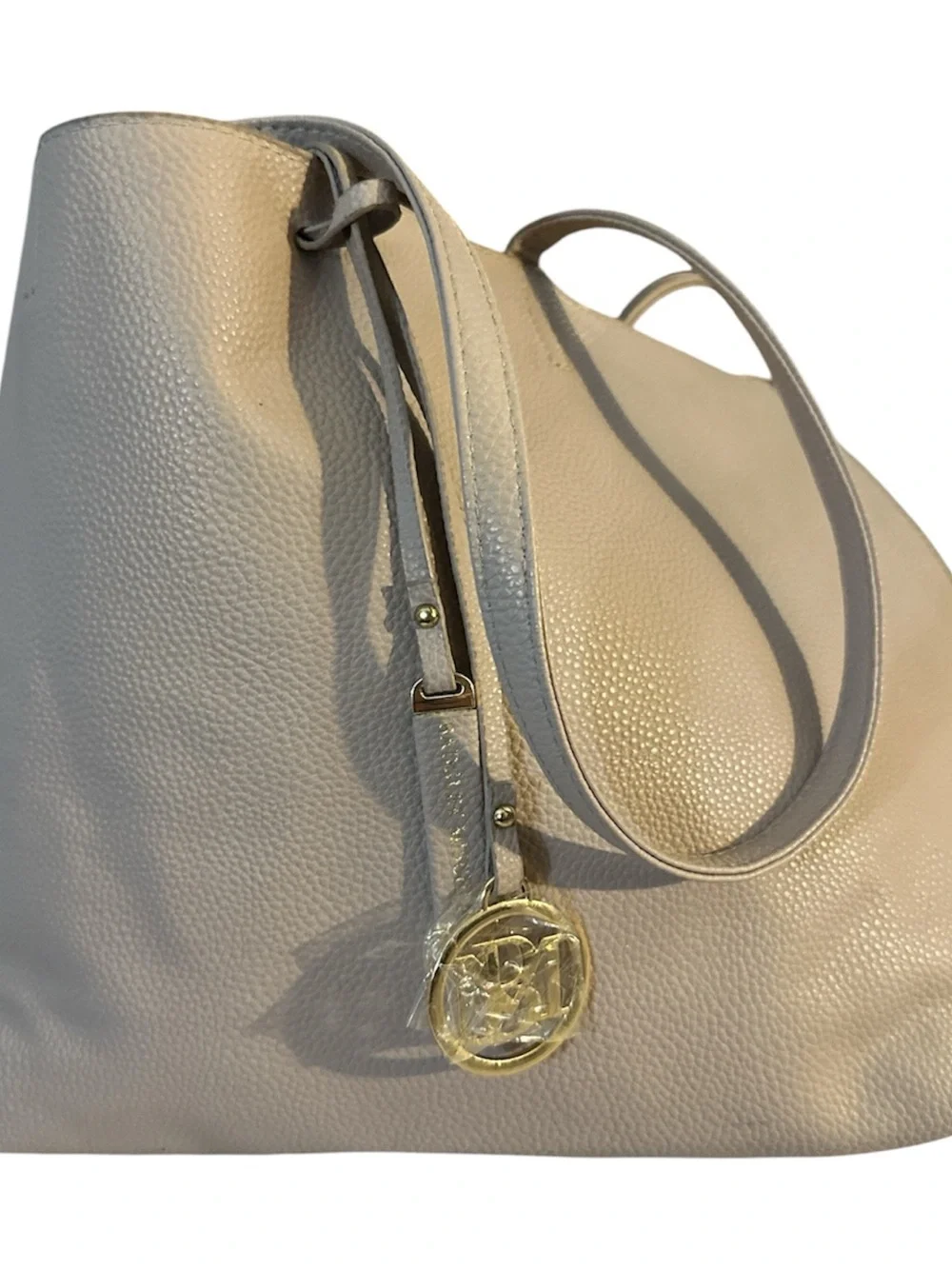 Badgley Mischka Taupe Pebbled Leather Tote with Chain-Trim gold 2 charms new con